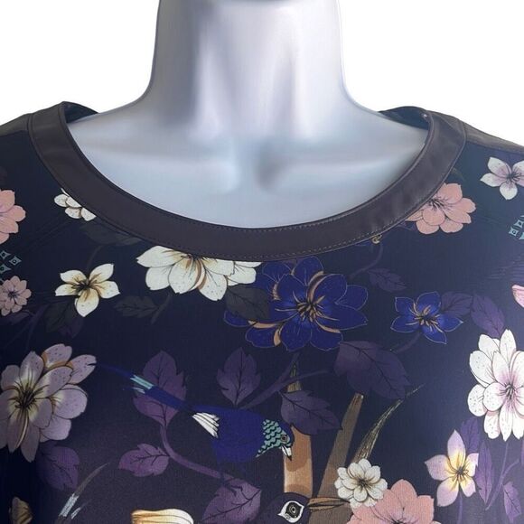 Marc Cain Purple Floral Bird Faux Leather Trim Dress Pockets US 12 N5 NWT $440 - Picture 3 of 12